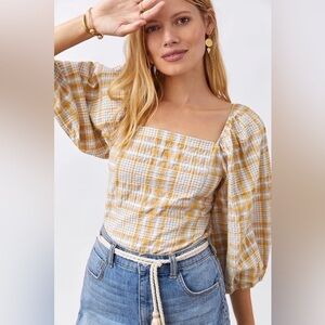 ANTHROPOLOGIE SZ XS Plaid Square-Neck Blouse